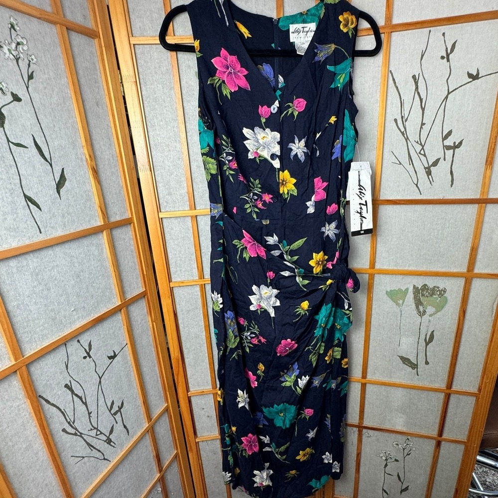 Alix Taylor New York Y2K Floral Rayon Midi Dress Navy Blue Side Tie Womens 14
